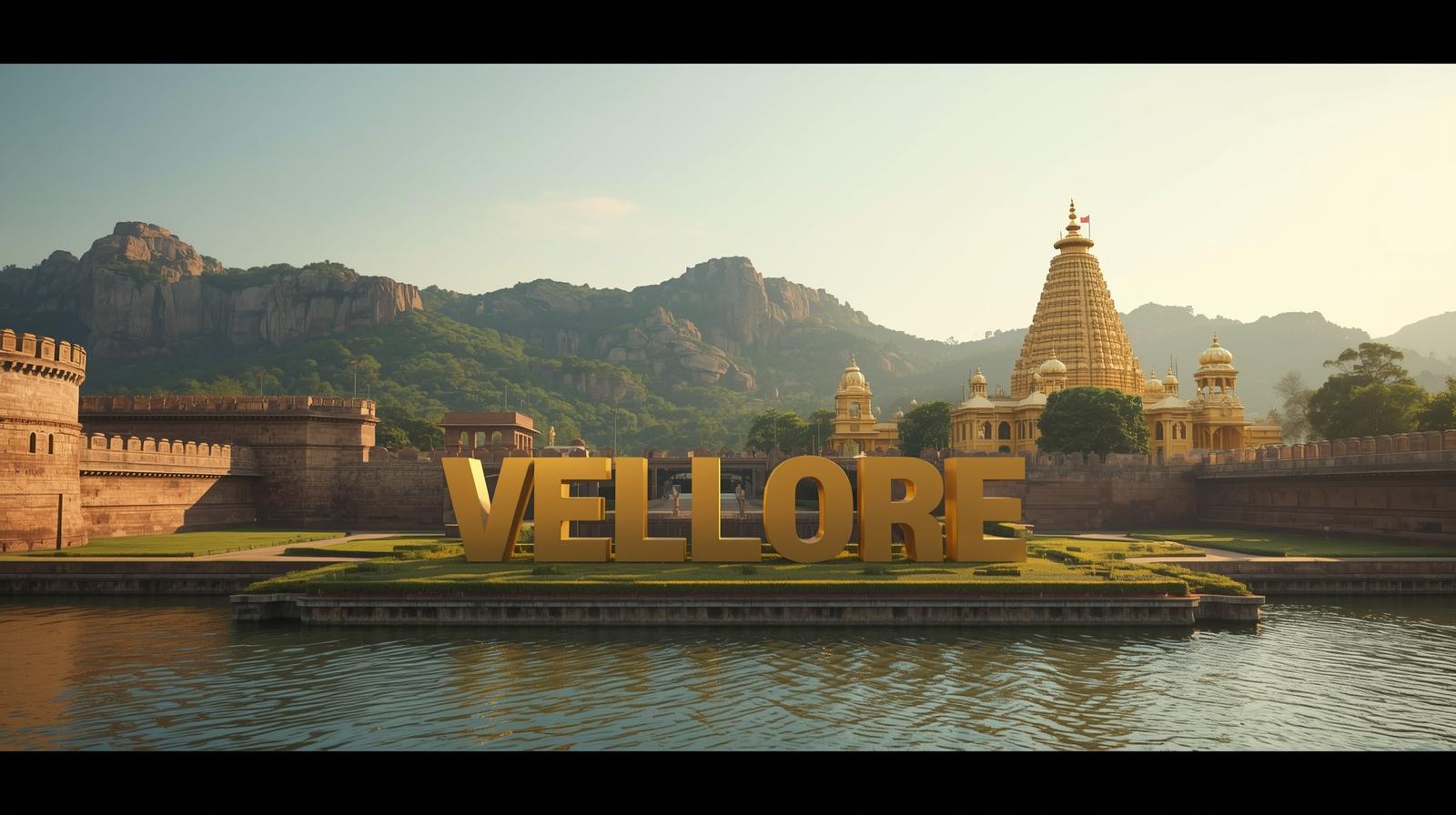 a wide, cinematic hero section image of vellore city, tamil nadu. the composition features a majestic panoramic view blending the historic stone walls and moat of the vellore fort on one (3)